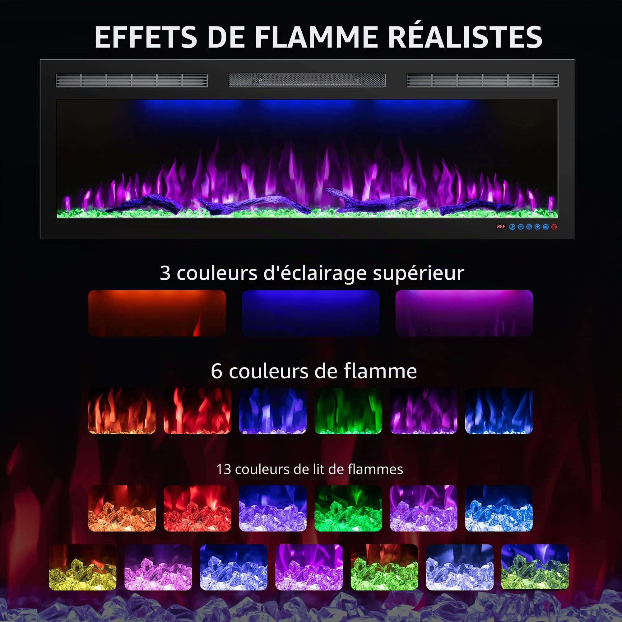 Crystal 72 Pro avec Wi-Fi - Cheminée Électrique Murale, 182,9 cm, 3 Couleurs de Bûches et Flammes, Contrôle Smart Home via Application Mobile et Alexa