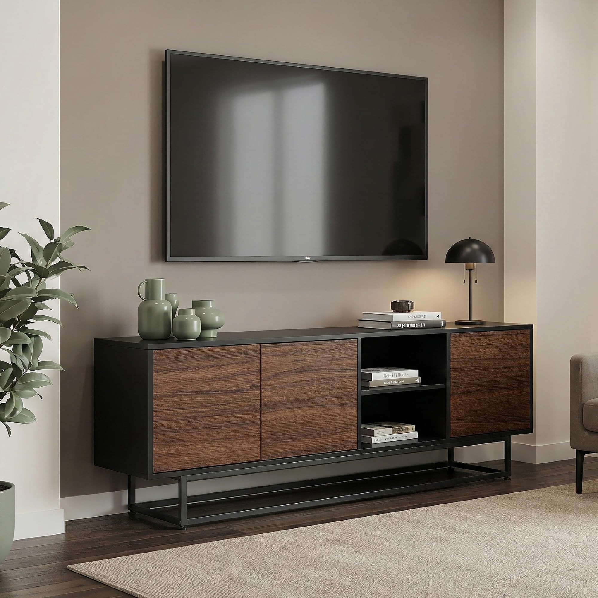 [en.casa] Aparador Boxholm para Salón Aparador Multiusos con 3 Compartimentos con Puertas y 2 Compartimentos Abiertos Mueble Auxiliar para Oficina Mueble de TV 160 x 30 x 57 cm - Negro/Efecto Nogal