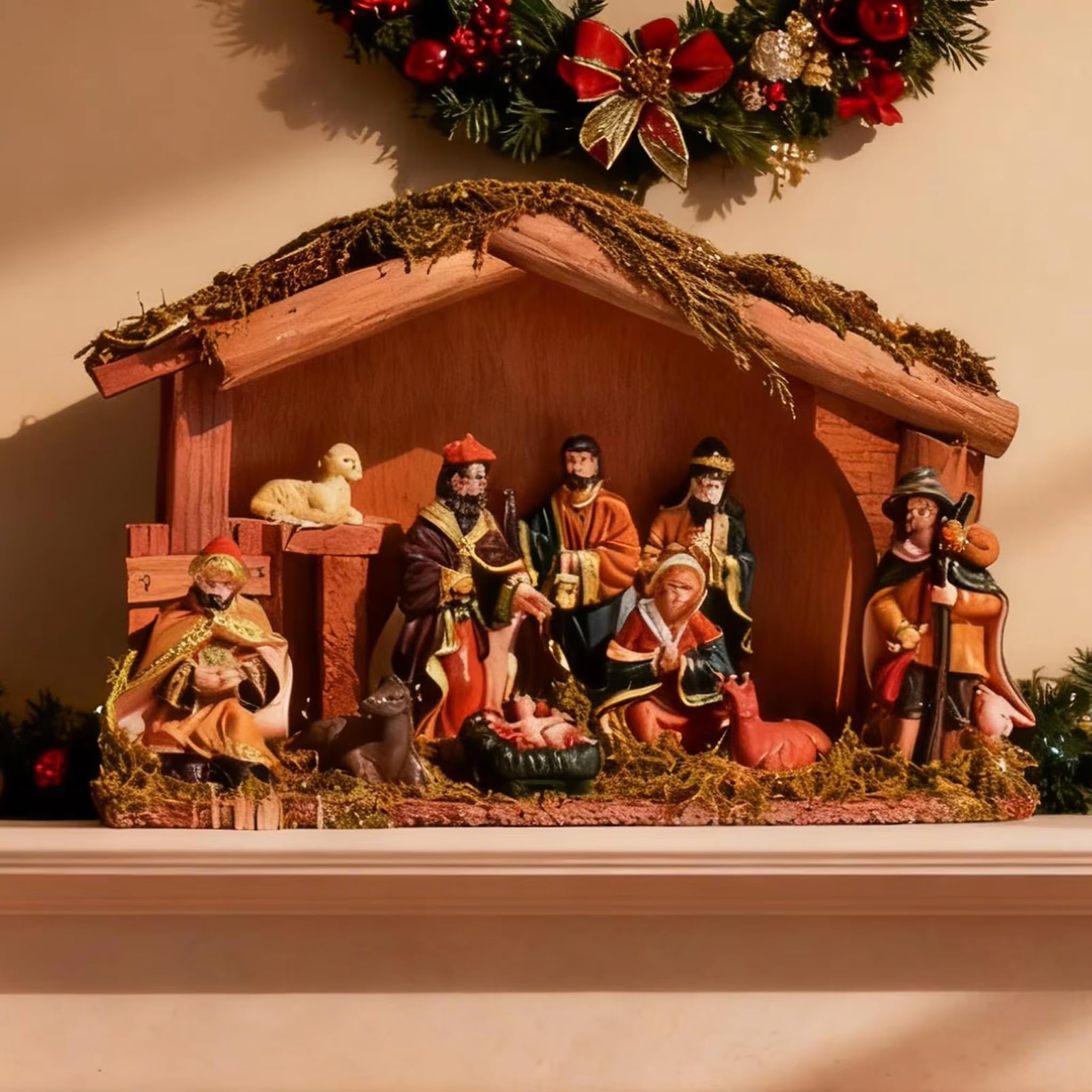 Set per presepe Set per presepe di Natale rustico con capanna in legno