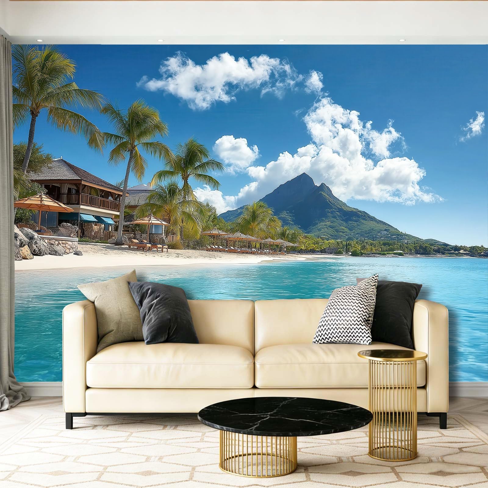 Fototapeta z włókniny 350 x 256 cm – fototapety do salonu, sypialni, biura, pokoju dziecięcego, jadalni – natura, plaża, tapeta z włókniny, tapeta ścienna, efekt 3D, morze, piaszczysta plaża, palma