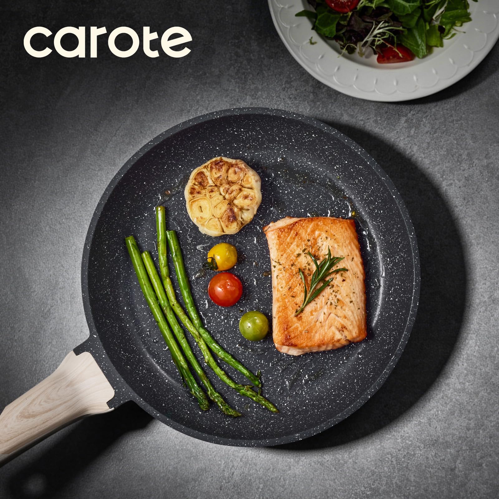 CAROTE Sartén Antiadherente de 24 cm, Apto para Inducción, Efecto Granito | Sartén inducción con mango efecto madera, ideal para tortitas y salteados. Apto para todo tipo de cocinas, libre de PFOA