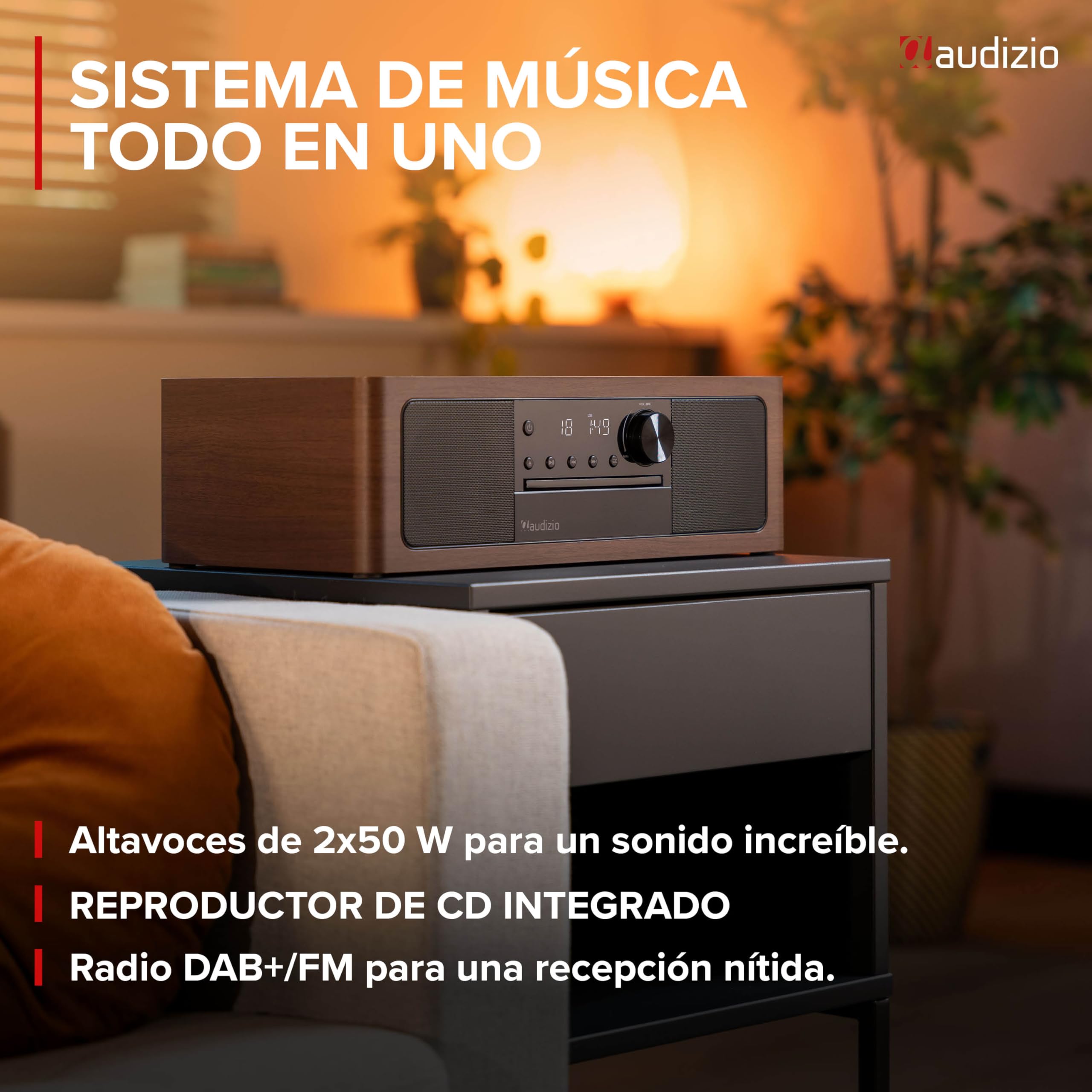 Audizio Lunata – Radio Dab+ y FM con Reproductor de CD, Bluetooth 5.3 y Potencia de 100W, Sistema Multimedia con HDMI ARC, USB y Altavoces estéreo, Acabado en Madera Oscura