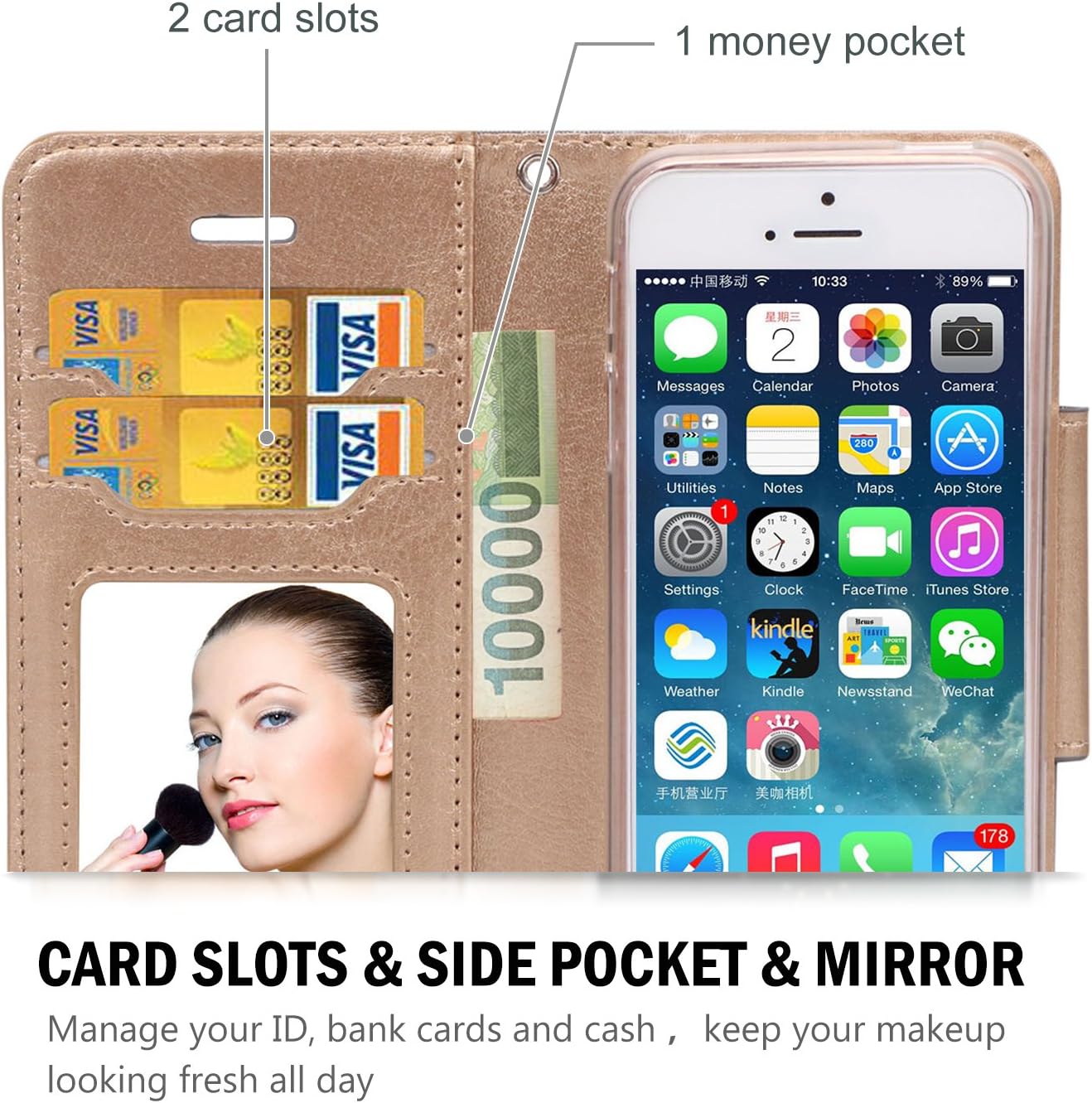 ProCase iPhone SE / 5S Case Cover (Old Model), Wallet Flip Case, with Wristlet Strap, Build-in Card Slots and Mirror, Stylish Slim Stand Cover for Apple iPhone SE / 5S (Grey)