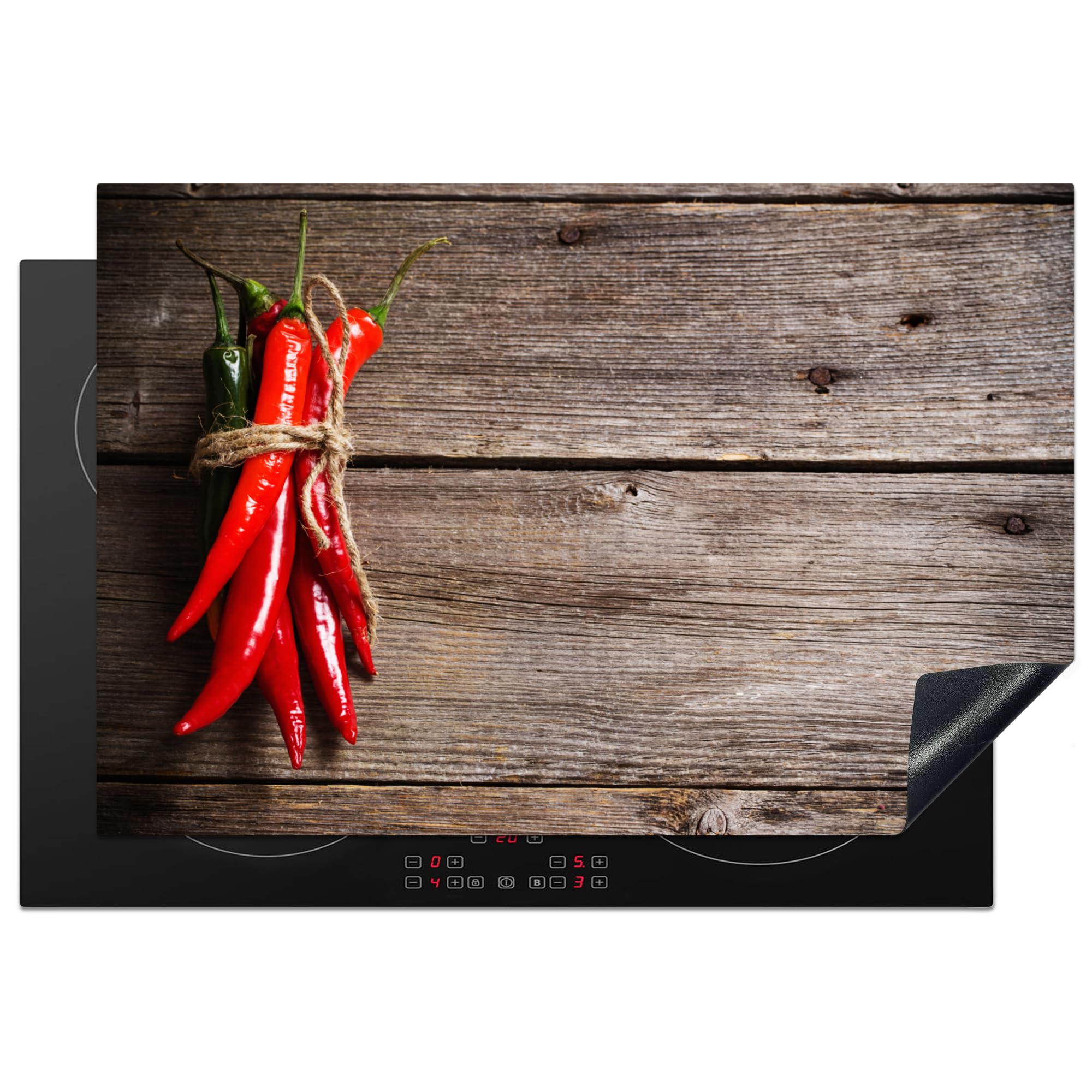 KitchenYeah© Induction Hob Protector Mat 20.1"x30.3" / 77x51 cm Cooker Top Protectors Cover Ceramic Covers Electric Hobs Vinyl Pepper - Wood - Spices - Herbs - Red