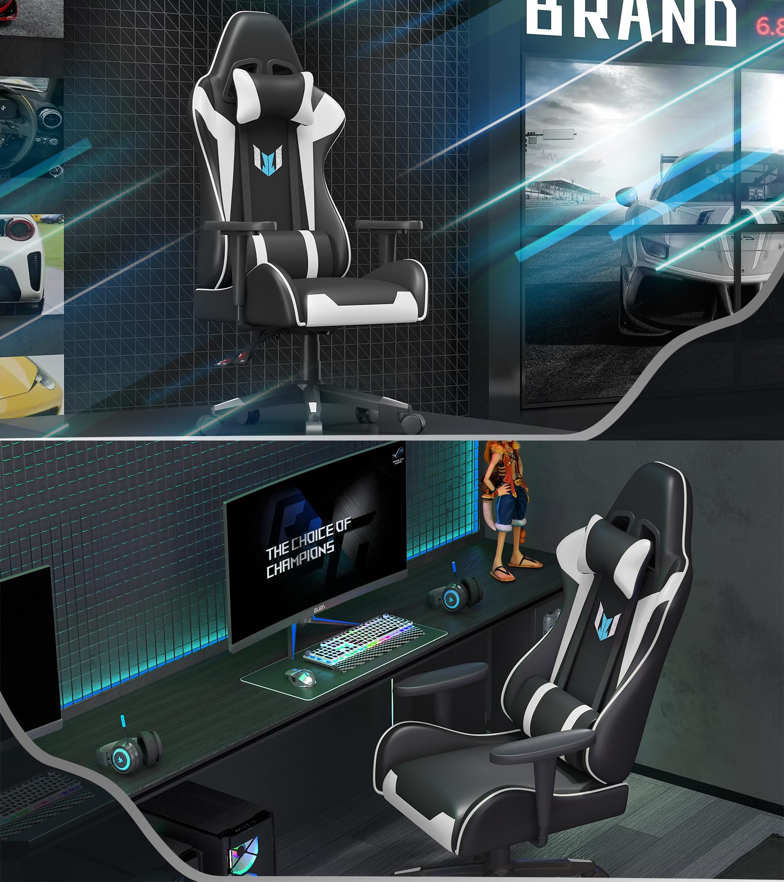 bigzzia Gaming Stuhl Computerstuhl Ergonomisch - Gamer Stühle mit Lendenkissen + Kopfstütze Höhenverstellbar Gaming Chair für Mädchen Junge Erwachsene (Weiß)