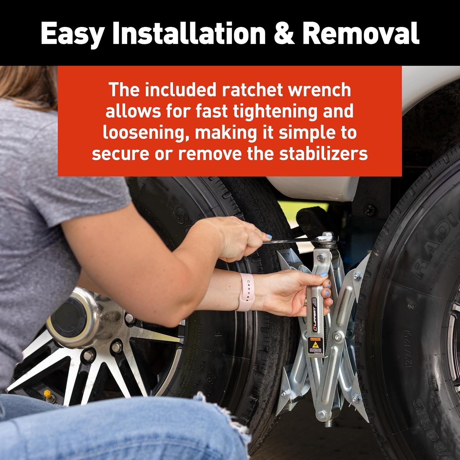Lippert 2-Pack RV Wheel Chock Stabilizers with Zinc-Coated Steel Construction, Ratchet Wrench - 2024121205