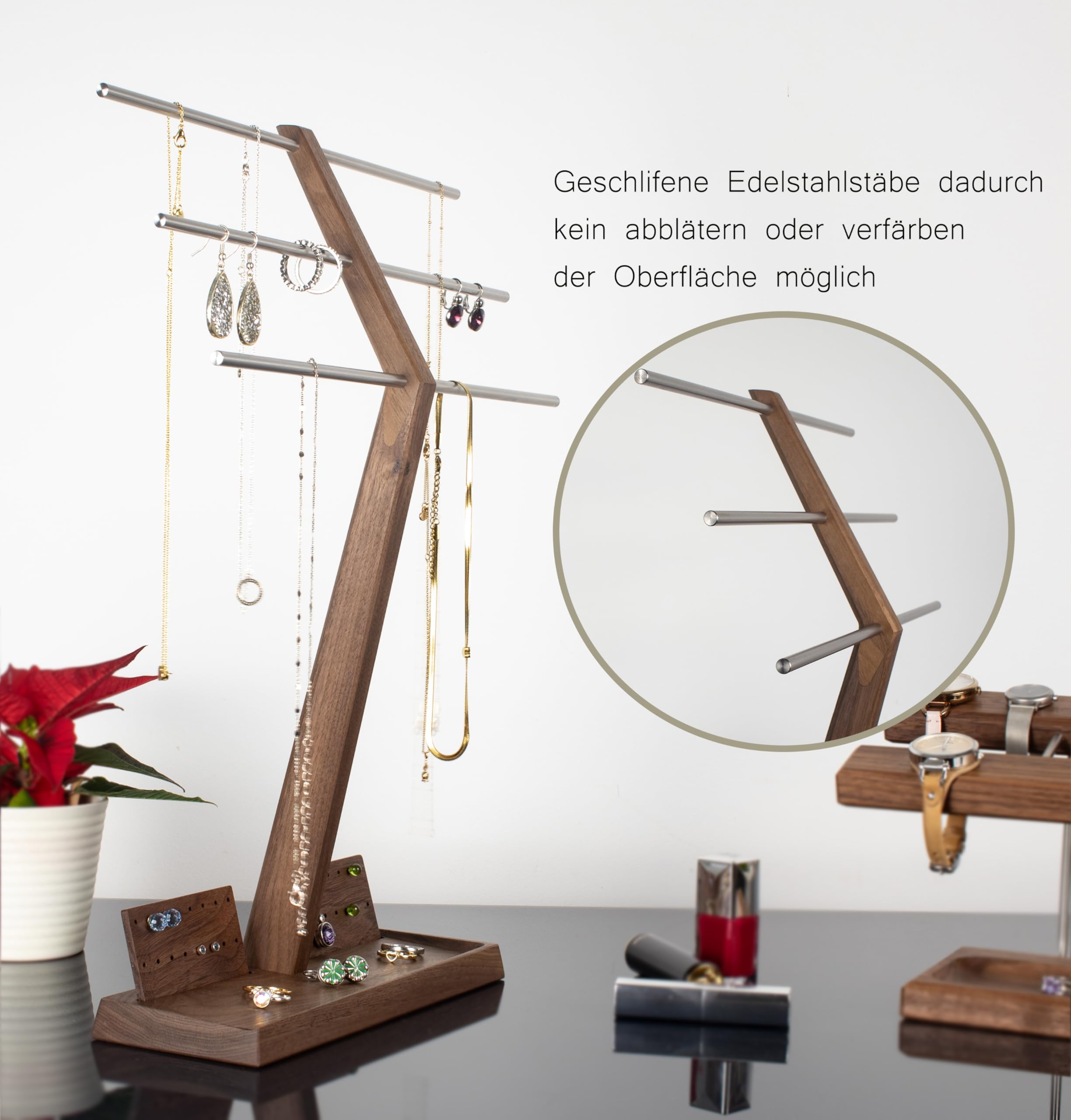 Wood and Steel Design – Schmuck Organizer für Ketten, Ringe, Ohrringe, Ketten, Halsketten und Armbänder, 4 Ebenen, Nussbaum Massivholz/Edelstahl