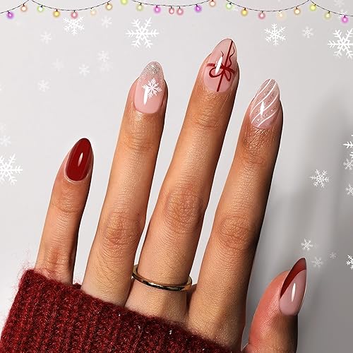 Beetles Christmas Press On Nails - Christmas Bow | Short