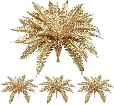 GnFlus Artificial Gold Ferns Stems Christmas Branch 3Pcs Fake Leave Flower Plant Faux Plant for Vase Bouquets Table Centerpieces Decoration Home Decor