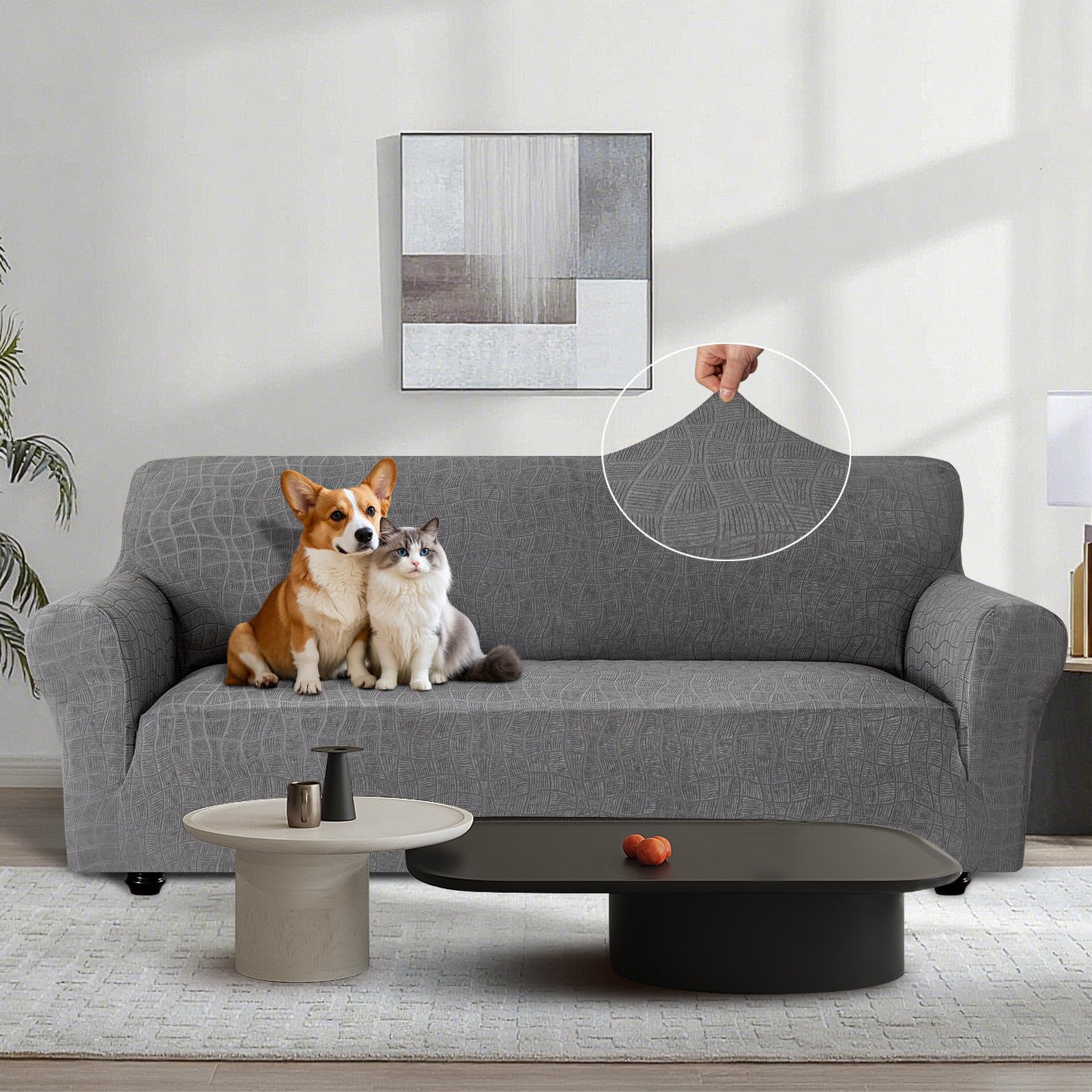 Ystyle Funda Sofa Impermeable 3 Plazas, Ajustables Fundas Sofa Elasticas, Universales Cubre Sofas Antiarañazos Gatos, Couch Cover Antideslizante Antimanchas, con Reposabrazos, Gris Claro