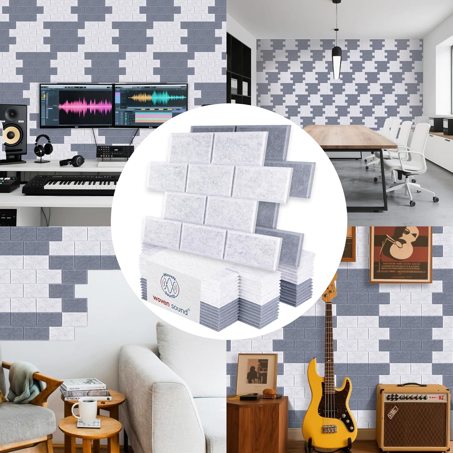 WoveN SounD Brick Acoustic Wall Panels Seamless Visual, High Density, Sound Proof Wall Decor, Noise Blocker Felt Wall Tiles for Home, Studio, Office & Focus Zones (Moon & Silver Gray), 16x12x0.4 Inch