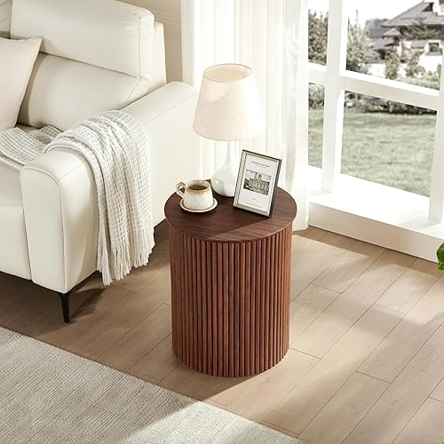Miniatura 9 de AVZEAR Juego de 2 mesas auxiliares redondas pequeñas acanaladas, mesa auxiliar moderna de mediados de siglo, mesitas de noche circulares de madera