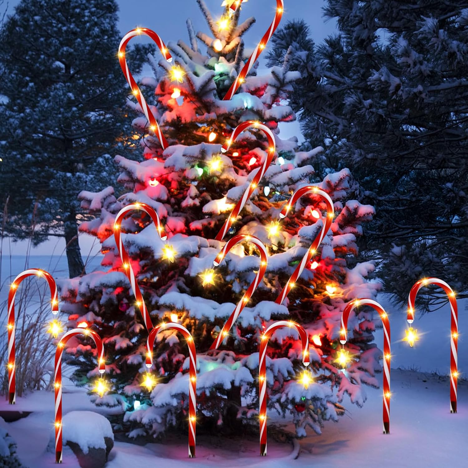 12 Pack Outdoor Christmas Decorations Solar Candy Cane Lights Solar Christmas Pathway Lights Outdoor Waterproof with Star & Bright LED 8 Modes Xmas Decorations for Outside Yard Garden