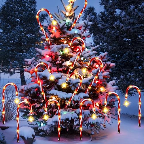 Miniatura 7 de Paquete de 12 luces solares de bastón de caramelo para decoración de Navidad al aire libre, impermeables, con estrella y LED brillante, 8 modos,