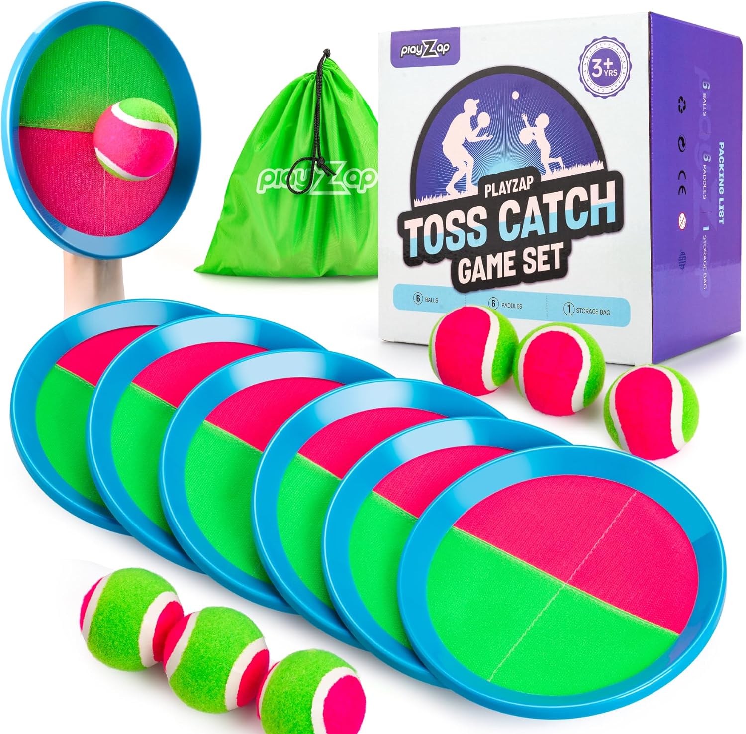 PlayZap Toss and Catch Ball Set - Outdoor Toys for Kids Games - Outside Yard Pool Beach Toys for 3 4 5 6 7 8+ Years Old Boys Girls - Birthday Gift Easter Basket Stuffers
