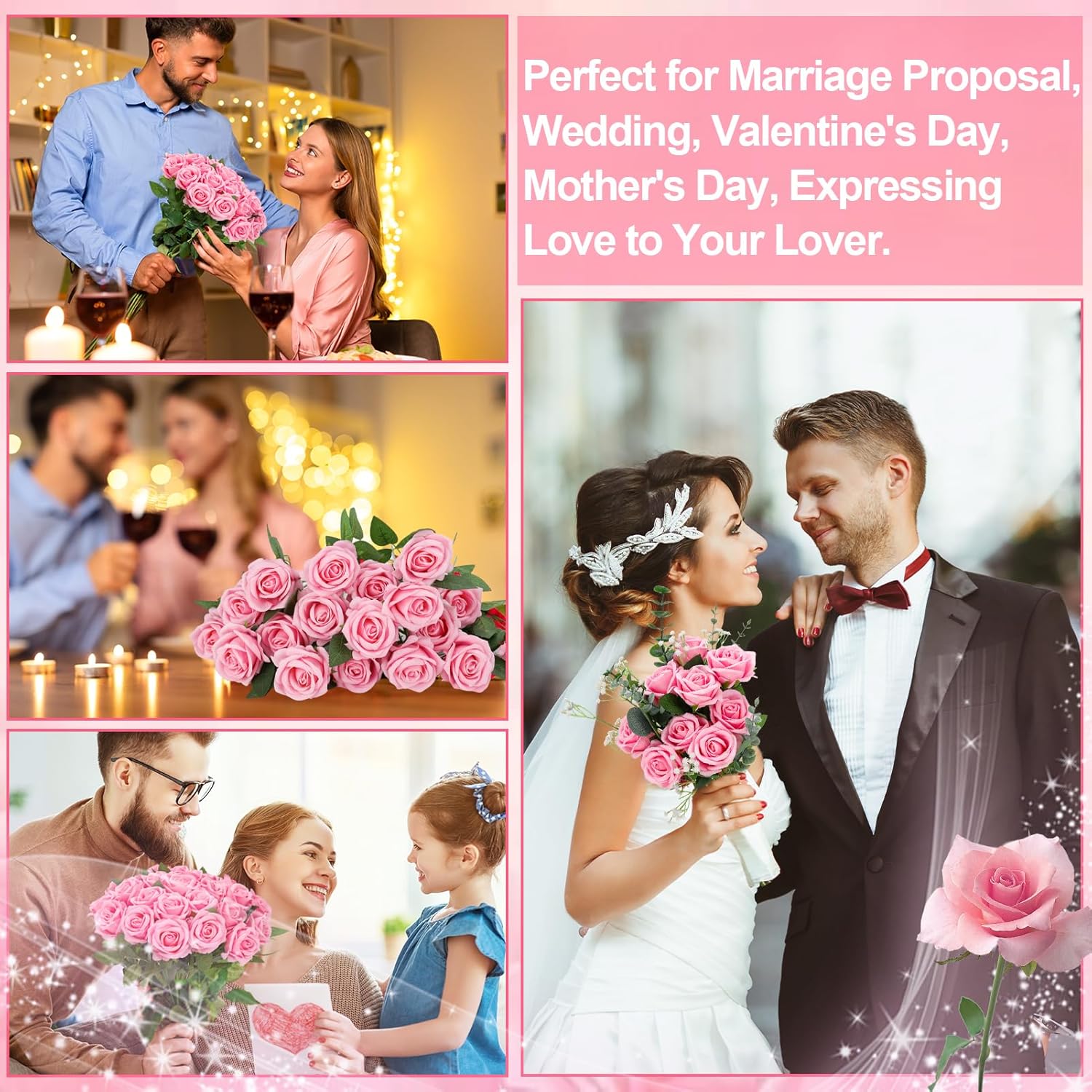 36 Pcs Pink Velvet Texture Soft Artificial Flowers Bridal Bouquet, Real Touch Fake Rose Long Stem Realistic Flowers Bulk for DIY Wedding Ball Arrangement Centerpiece Party Home Decor - Image 7