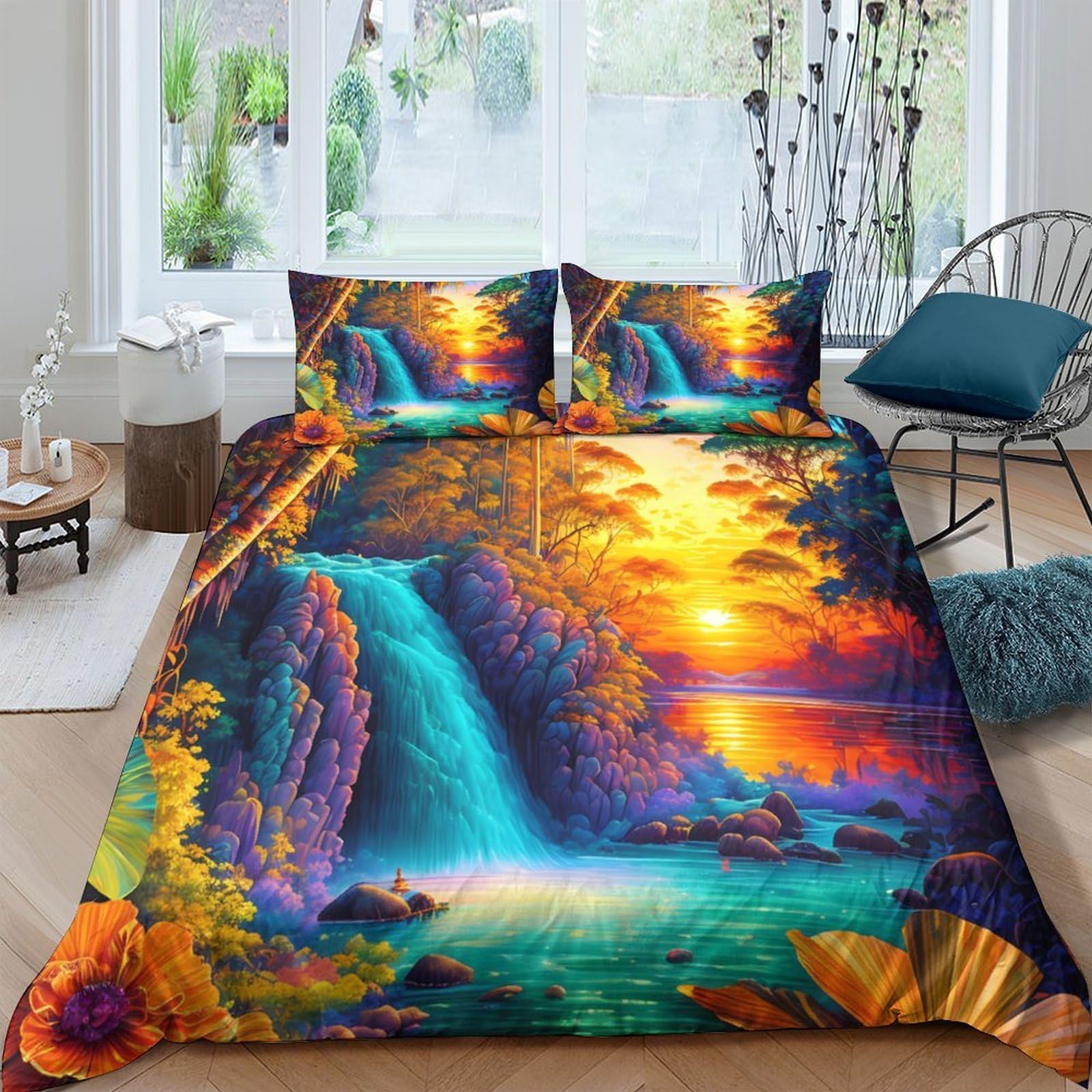 Ctjqhvkz Style-5 3D Printed Sunset Waterfall Fitted Sheet Microfiber Soft Anti-Slip Forest Landscape Mattress Cover Bedroom Decor Single（135X200cm）