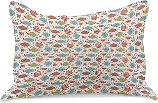 Ambesonne Tea Party Knitted Quilt Pillowcover, Colorful Tea Party Illustration with Pots Cups Spoons on Colorful Dotted Pattern, Standard Queen Size Pillow Cover for Bedroom, 30" x 20", Multicolor