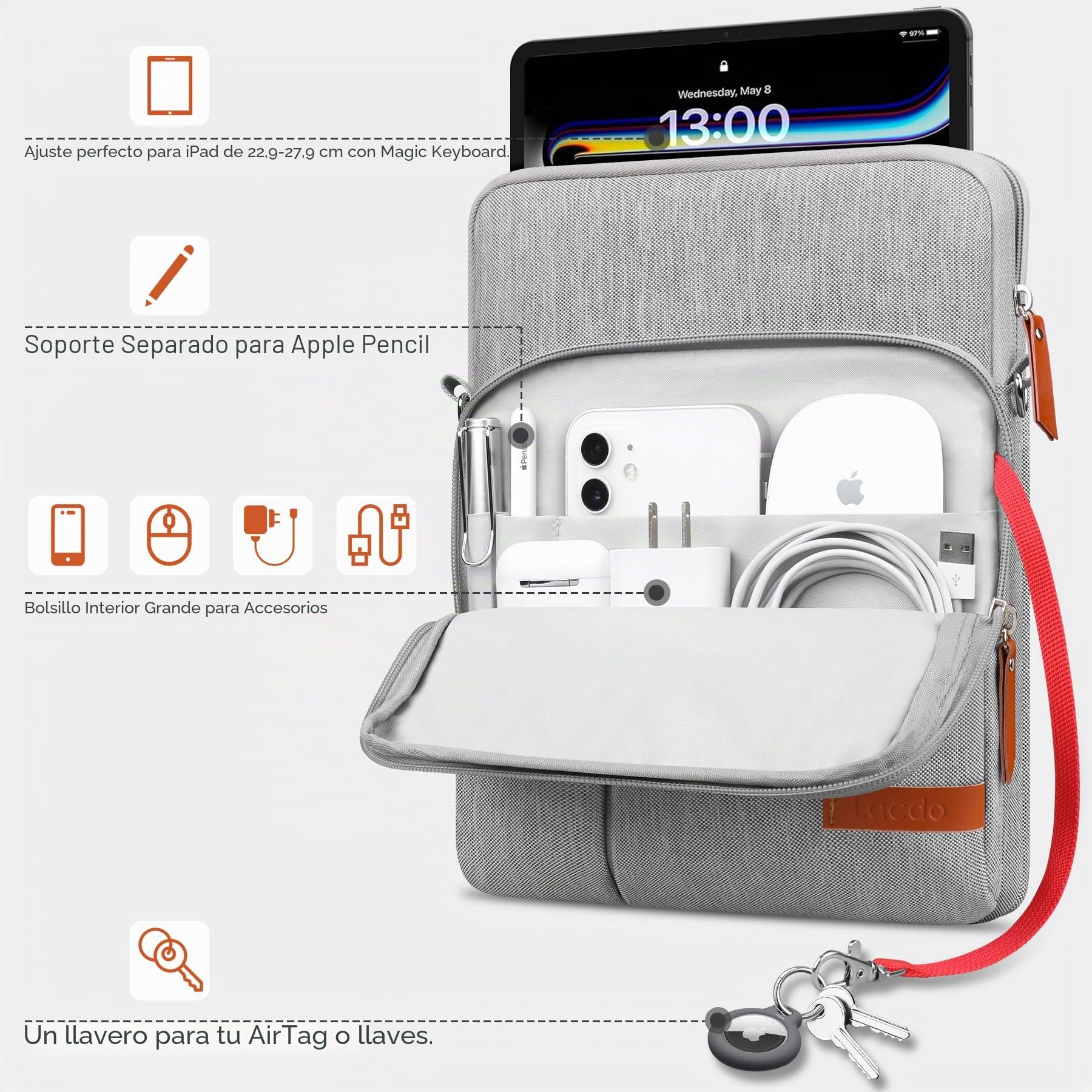Lacdo Bolsa de Funda para Tableta para 11" iPad A16 2025, 11" iPad Air M4 M3 M2 2026-2024, 11" iPad Pro M5 M4, 10.9" 10.2" iPad, 10.9" iPad Air, 10.5" iPad Pro, iPad Air 3 2, Galaxy Tab A9+, Gris