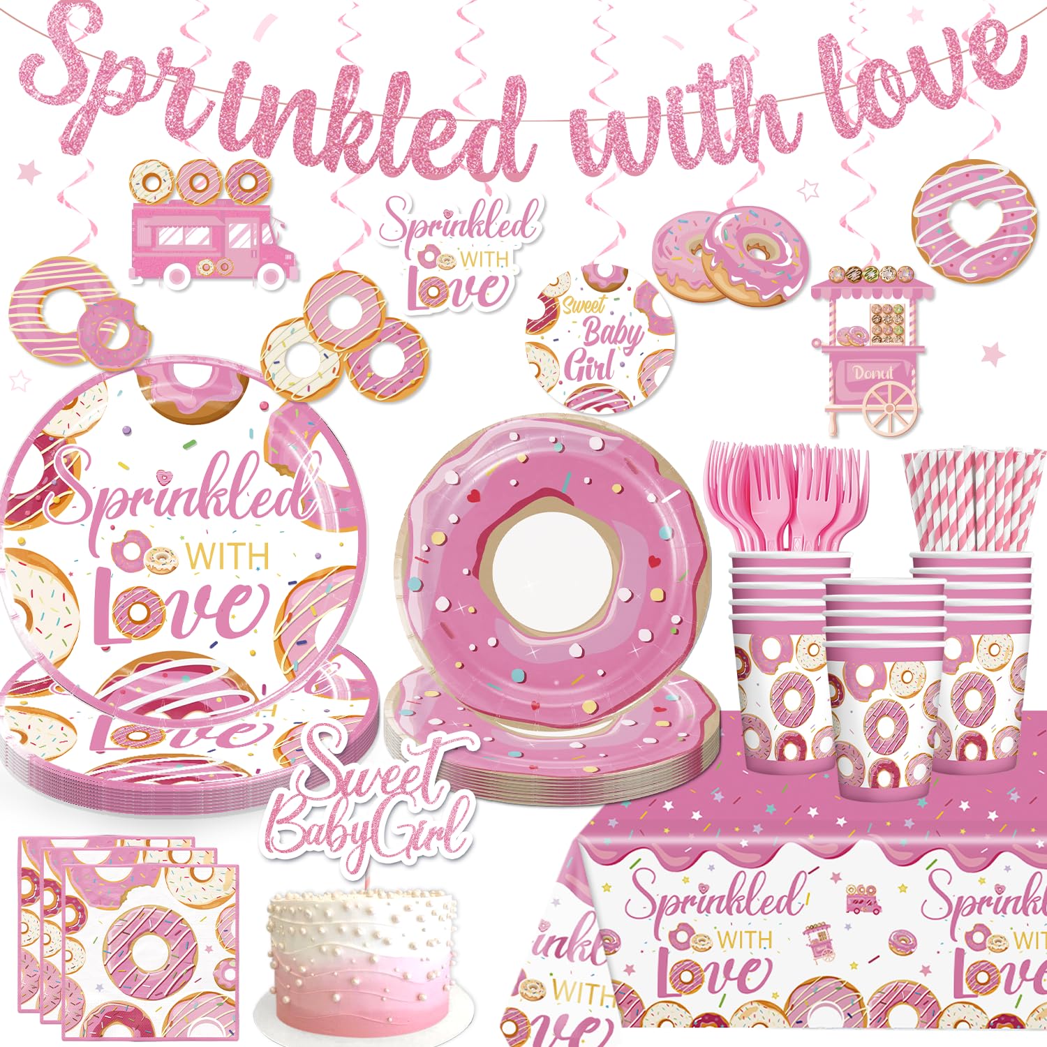 Xynic 140pcs Baby Sprinkle Decorations for Girl, Disposable Paper Tableware Includes Pre-threaded Banner 40 Plates 2 Tablecloths, 20-pack Tableware Suitable for Sprinkled with Love Baby Shower