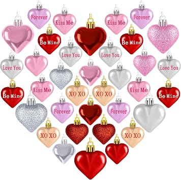 Valentines Day Decorations, 36pcs Heart Shaped Ornaments, Glitter Red Heart Shaped Hanging Baubles, Romantic Pink Glossy Valentines Day Decor for Party Wedding Engagement Lover