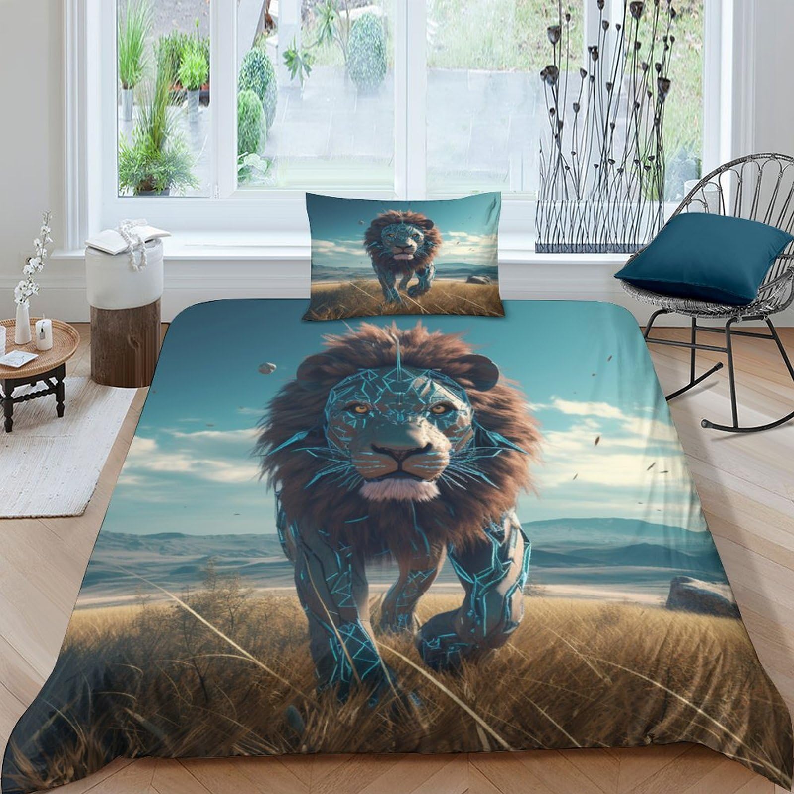 Housse de couette Le Lion 3D en microfibre anti-plis et thermorégulatrice