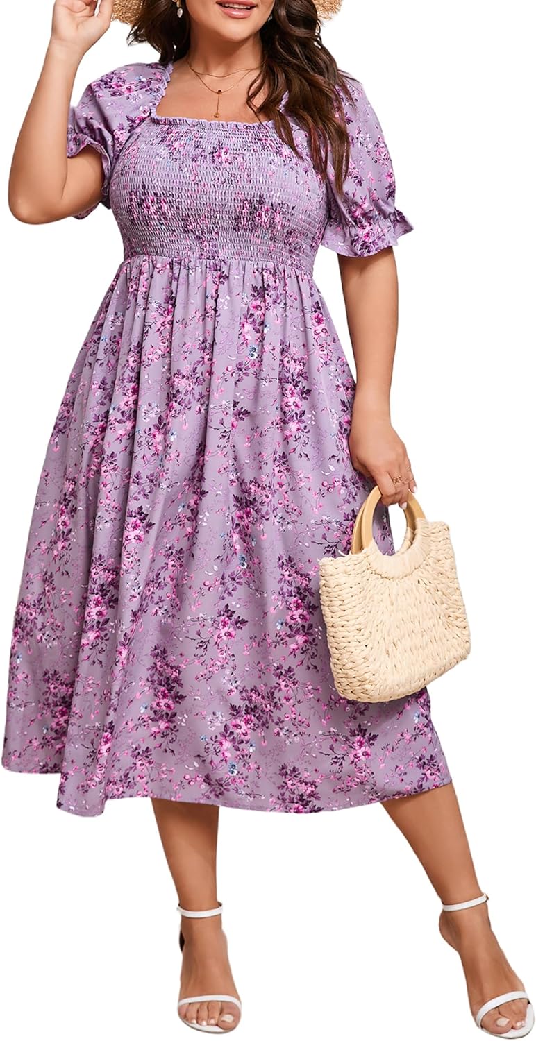 Women's Plus Size Floral Midi Dress Square Neck Smocked Puff Sleeve Casual Boho Dress