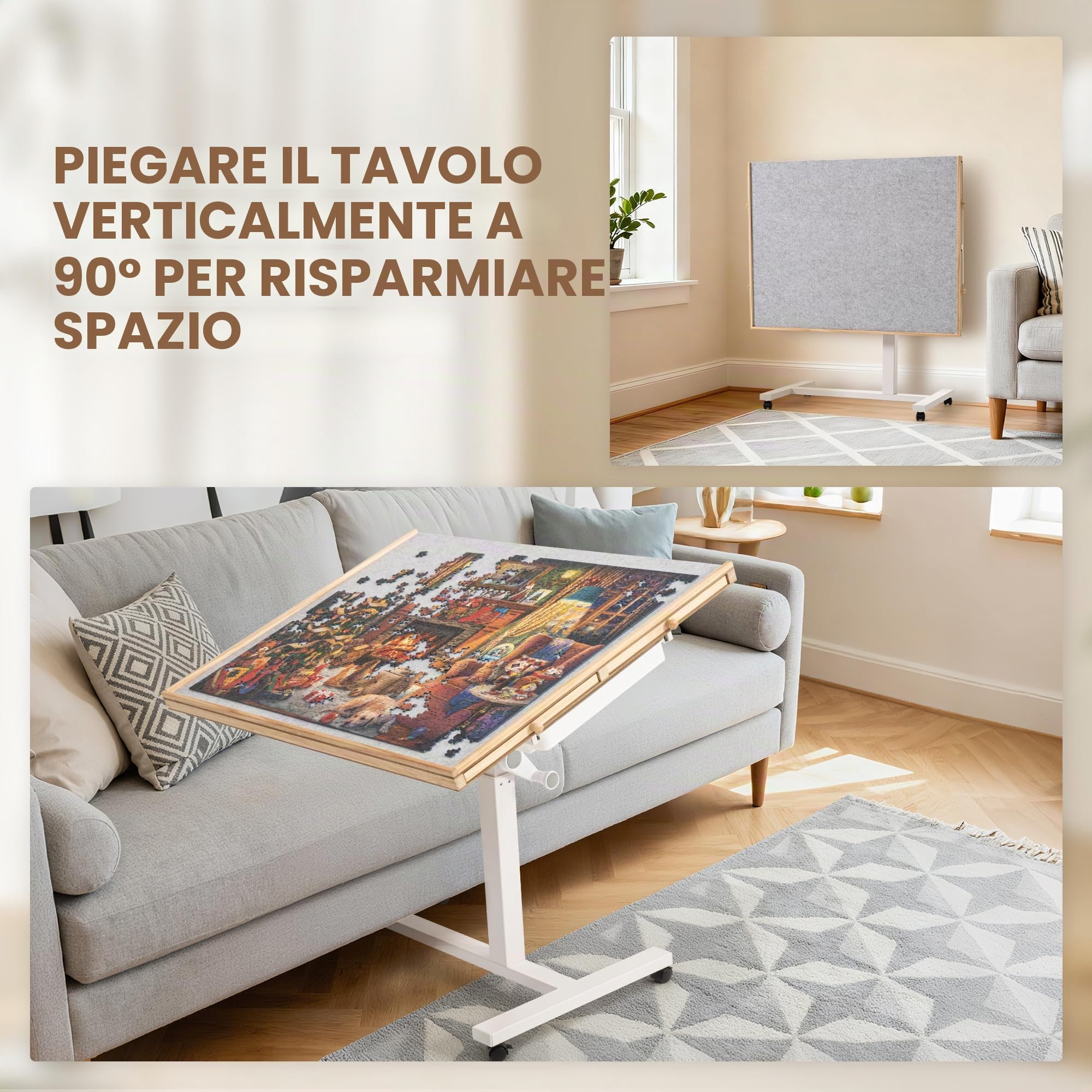 ROPODA Tavolo da Puzzle 1500 pezzi, Tavolo per Puzzle con 6 Cassetti, Copertura e 4 Ruote, Tavola Puzzles Regolabile per Adulti con 4 Angoli di Inclinazione, Puzzles Board in Legno, 89 x 68 cm