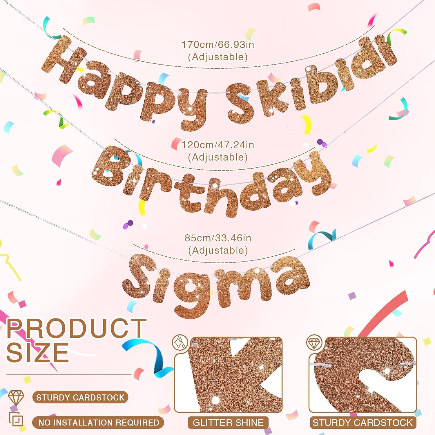 Happy Skibidi Birthday Sigma Glitter Banner – Funny Zoomer Birthday Decorations for Gen Z Kids, Meme Party Supplies & Ideas, Pre-Strung Gold Party Sign for Boys or Teens (Brown) image 2