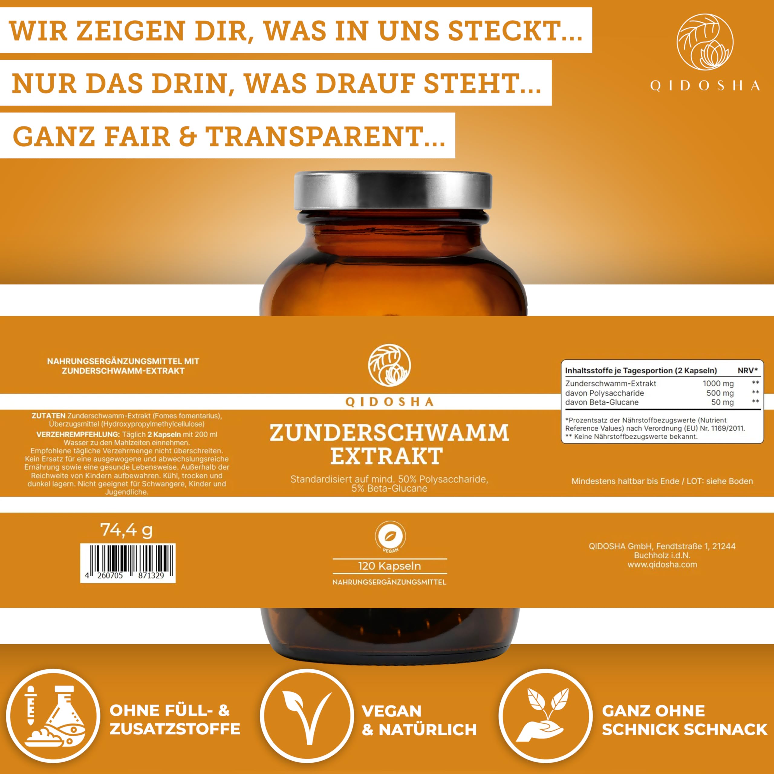 QIDOSHA® Zunderschwamm Extrakt Kapseln, 120 Stk im Apothekerglas, hochreiner Fomes fomentarius Extrakt mit 500mg je Kapsel, davon 50% Pilz-Polysaccharide mit mindestens 5% Beta-Glucanen, dt Fertigung