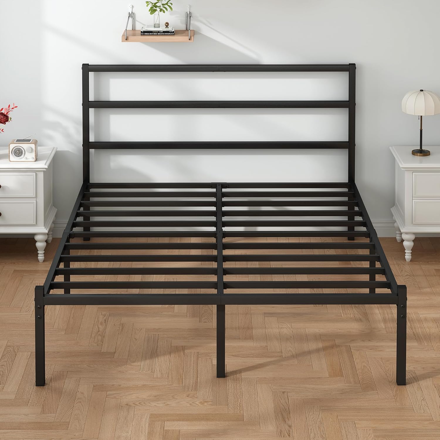 King Size Bed Frame with Headboard and Footboard, 14 Inch Metal Platform King Bed Frame with Steel Slat Support, No Box Spring Needed, Noise Free, Easy Assembly, Black