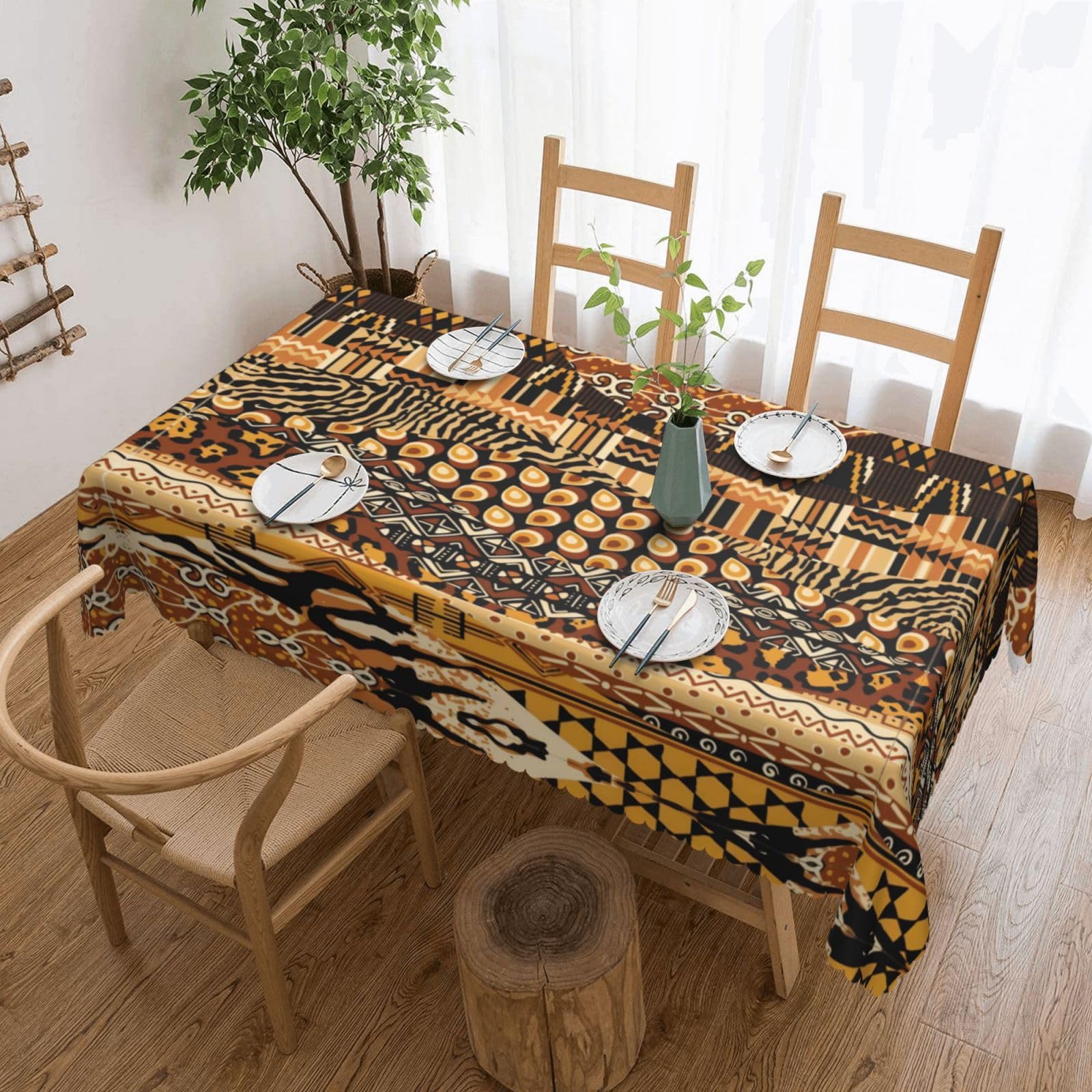 QAZWZML African Style Patchwork Printed tablecloth, made of thick polyester with lace trim, suitable for dining rooms, picnics, and weddings