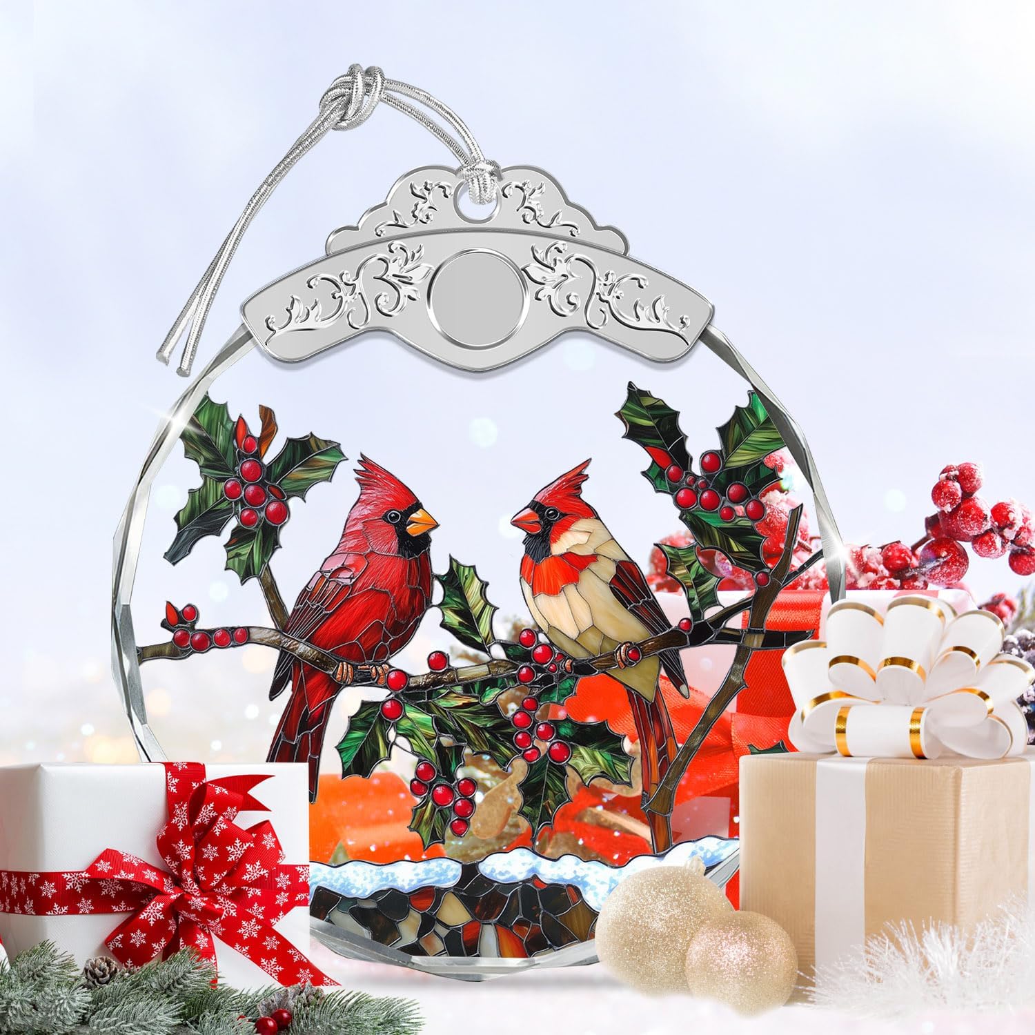 Glass Ornament - Cardinal Birds - Cardinals Couple Crystal Ornament - Bird with Holly Berries & Snow - Hanging Tree Decor - Mother's Day for Parents Couples Sisters Friends - Image 6