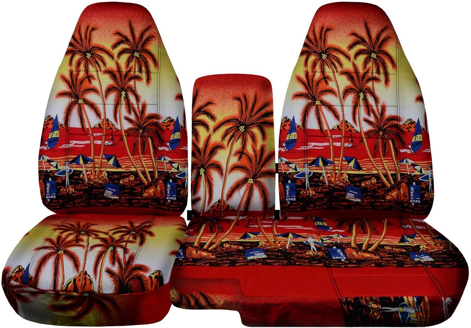 Totally Covers Compatible with 2004-2012 Ford Ranger/Mazda B-Series Hawaiian Truck Seat Covers (60/40 Split Bench) w Center Console/Armrest Cover: Red w Palm Tree (4 Prints)