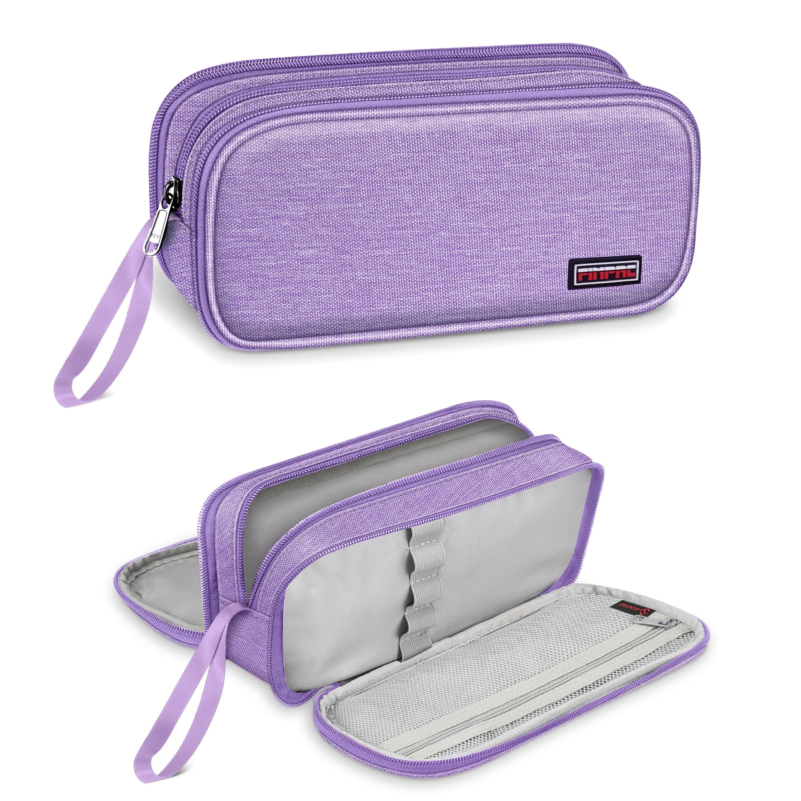 FINPAC Astuccio di Grande Capacità, Portatile Cancelleria Borsa con 3 Scomparti, Portamatite con Cerniera per Scuola Ufficio Studenti Universitari Adulto, (Scomparti-Viola)
