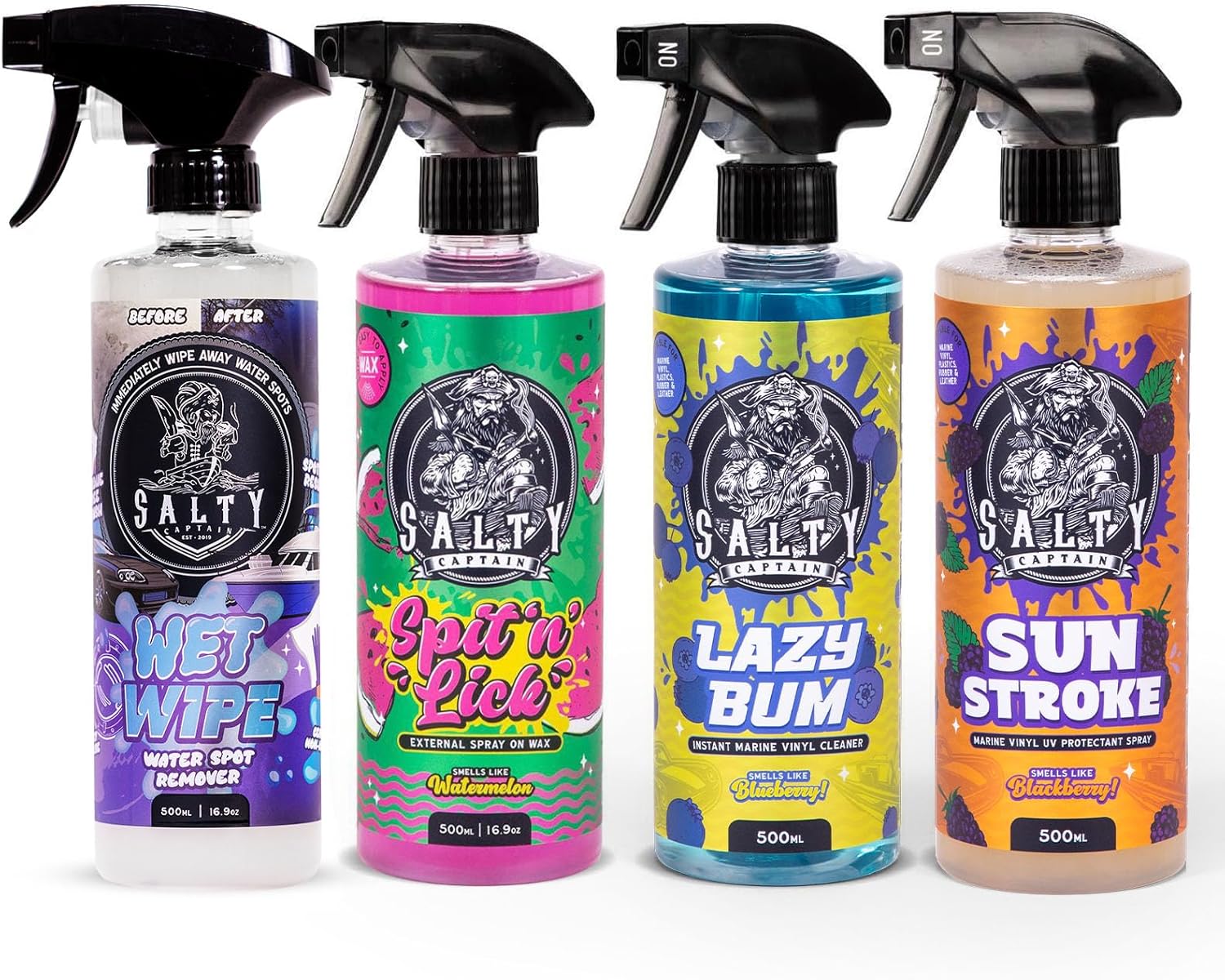Salty Captain Boat & Car Detailing Kit - (4 Piece) Water Spot Remover, Spray Wax Polish, Leather & Vinyl Cleaner & UV Protection for Vinyl Seats