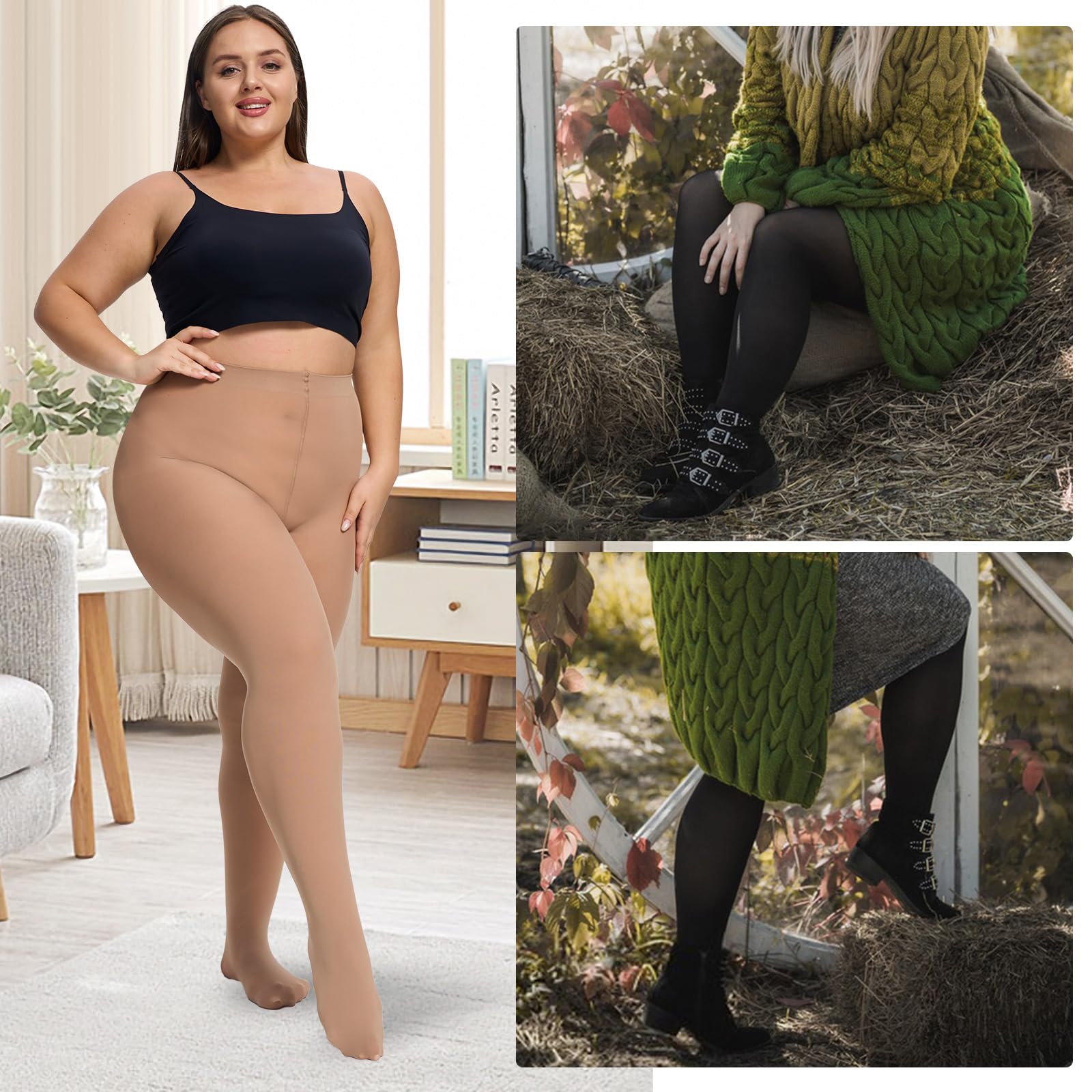 UISLII Plus Size Tights for Women,2 pairs 80D Semi Opaque Tights women,Solid Color Soft High Waist Stockings Size Up to 6XL.: Black/Skin X-Large-XX-Large