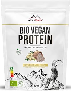 AlpenPower BIo Vegan Protein 2K Erbse-Reis Natur 600 g I 100% natürlich & ohne Zusatzstoffe I Optimales Verhältnis Erbsen-Reisprotein I Veganes Proteinpulver für Fitness