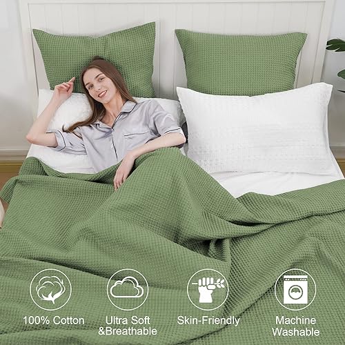 Miniatura 2 de PHF Manta de tejido de gofre 100% algodón, tamaño Queen de 90 x 90 pulgadas, ligera, lavada, suave, transpirable, para todas las estaciones, capa de