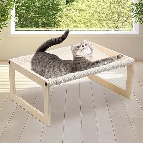 Cama elevada para gatos marco de madera elevado con cojín fino transpirable, diseño respetuoso con el verano, extraíble y lavable, uso en interiores