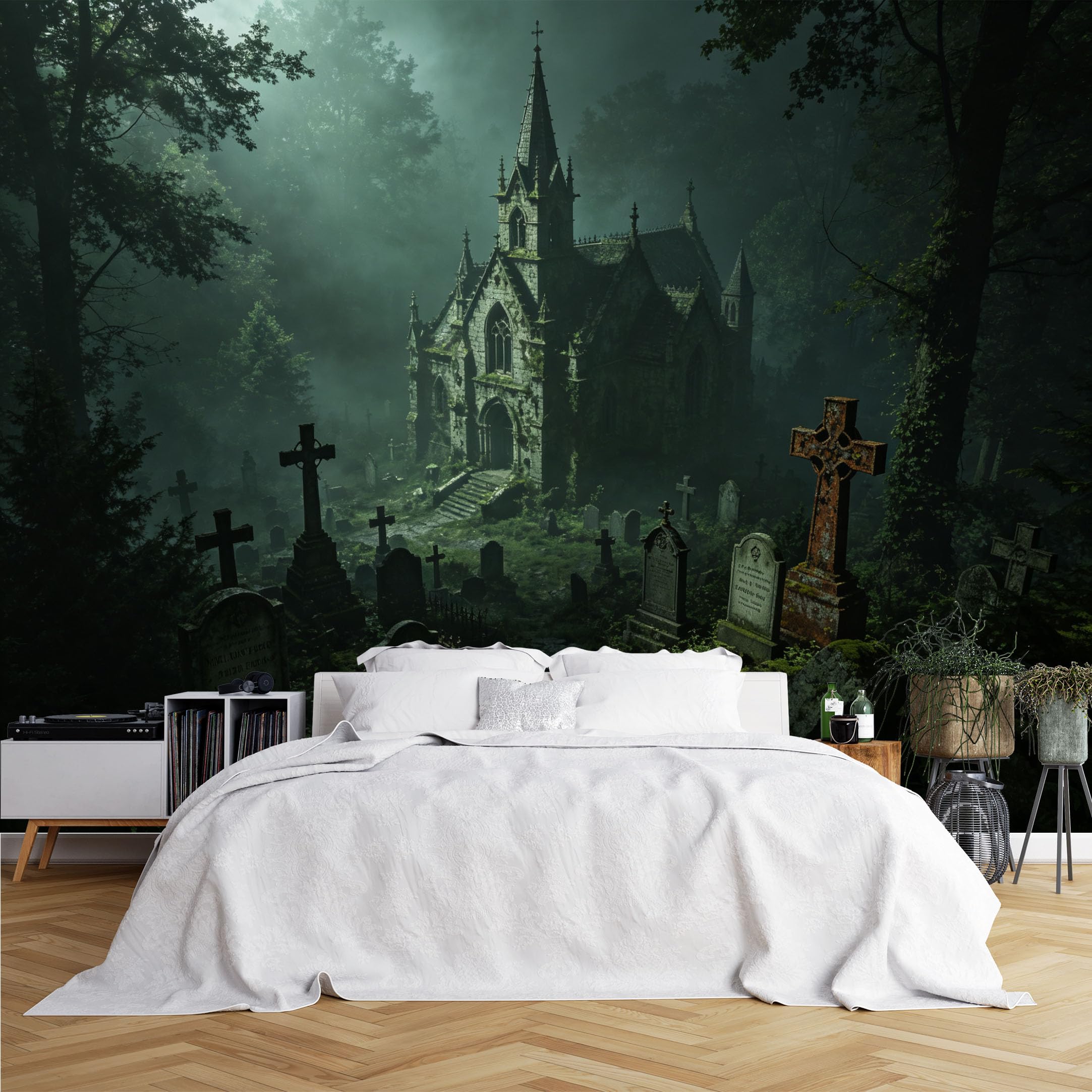 Lcythiazole Ch260615053 Custom Size Wall Murals Foggy Abandoned Church Graveyard Night Wall Murals Wall Stickers Wallpaper Self-Adhesive Removable Wallpaper For Gothic Bar Room