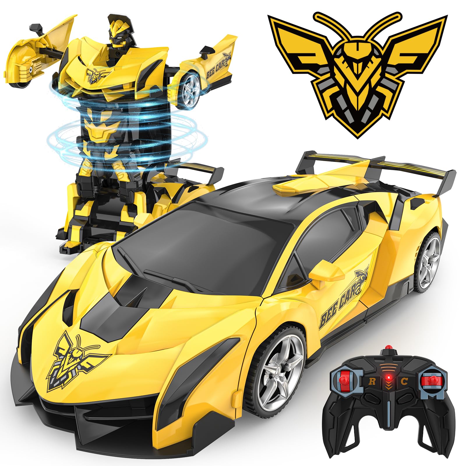 BLUEJAYTransform Rc Cars for Boys 4-7 8-12, 2.4Ghz Remote Control Car 1:18 Scale Transforming Robot, One-Button Deformation 360° Rotation Car Toy Gifts for Boys 3-5 (Bee)