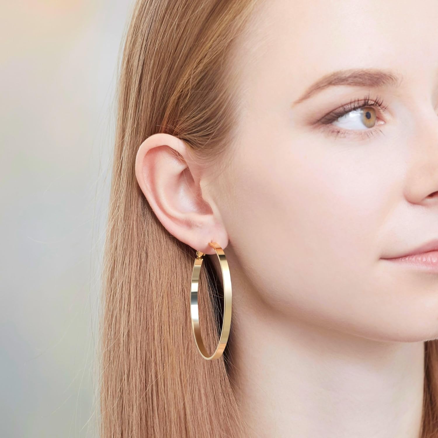 Flat Big Gold Hoop Earrings for Women 925 Sterling Silver Post Lightweight 14k Real Gold Plated 3mm Wide Large Hypoallergenic Hoop Earrings for Women - Image 2