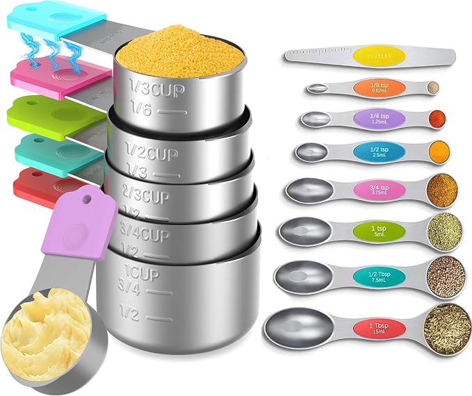 Magnetic Measuring Cups and Spoons Set, 6 Nesting Stainless Steel Measuring Cup Set with Easy to Read Markings, 7 Magnetic Measuring Spoons & 1 Leveler for Measuring Dry or Liquid Ingredients
