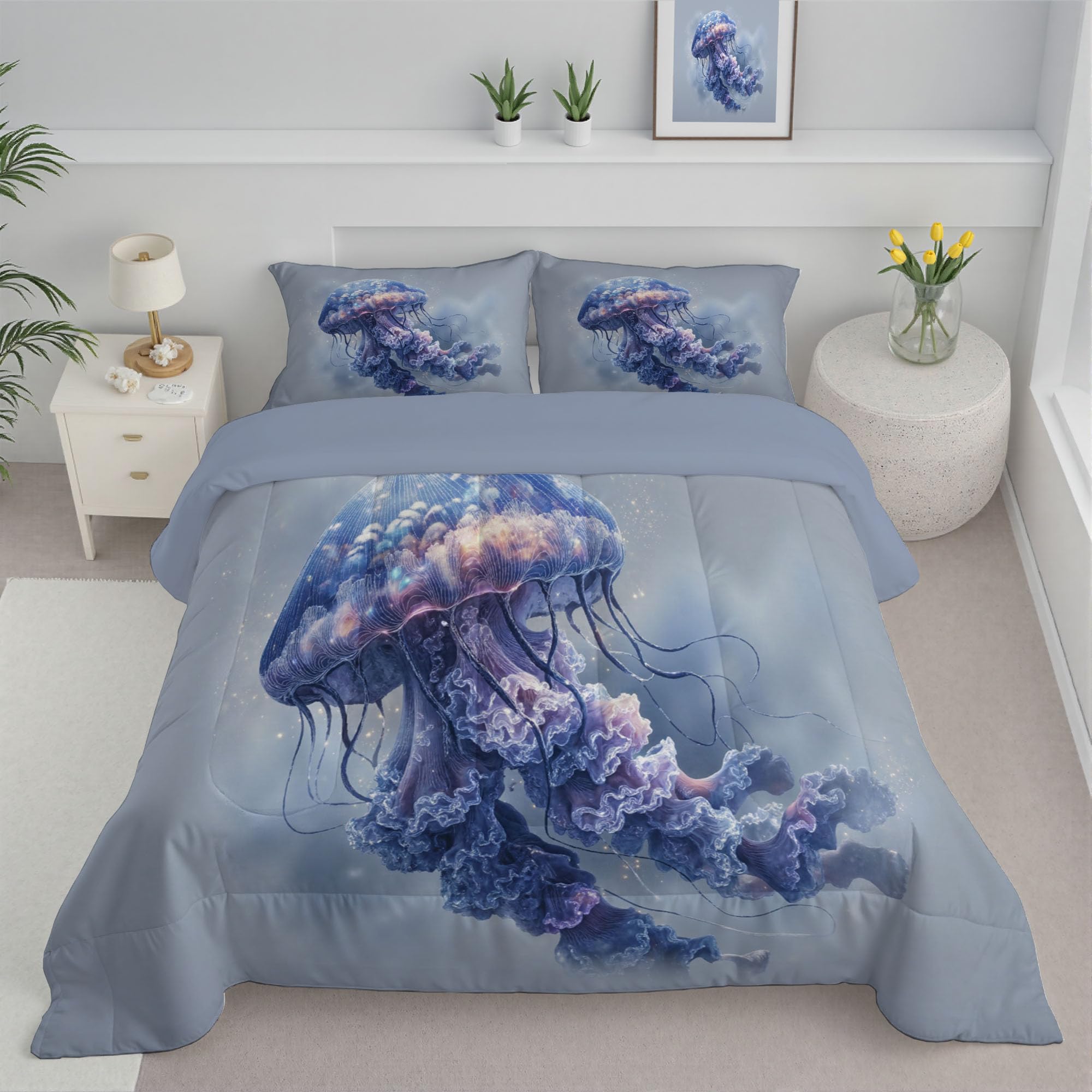 Trapunta Letto Singolo 4 Stagioni Piumone per Bambini, Astratto Medusa Leggero Semplice Animale Set di Biancheria da Letto 140x200cm con 1 Federe,Piumino Lavabile In Lavatrice