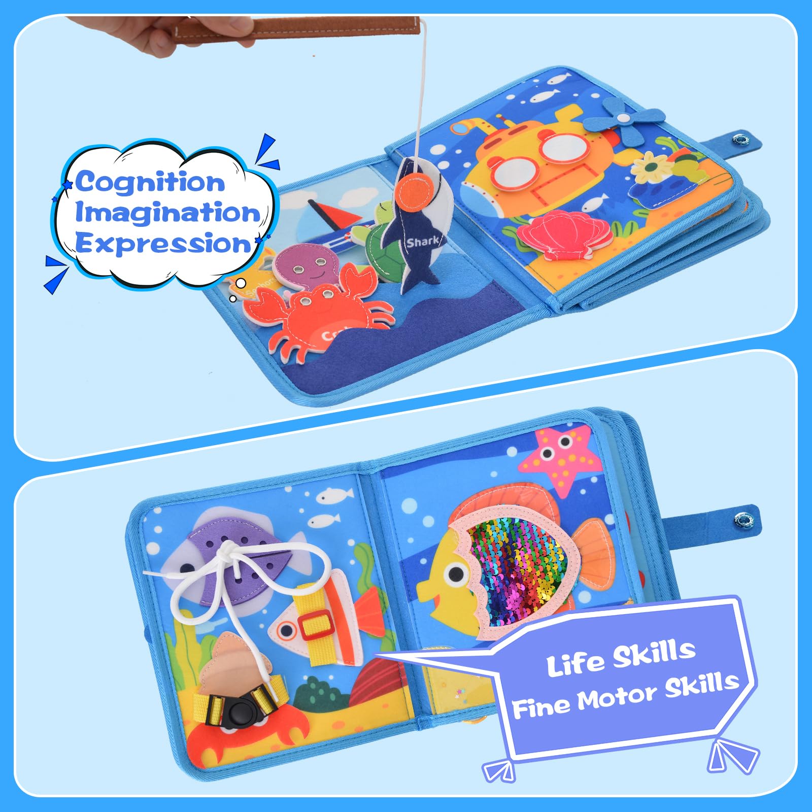 AIGOCITY Busy Board Montessori Toy for 1 Year,Busy Book with 3D Sea Theme,10-in-1 Quiet Book for Early Education,Activity Board Gift Toy for 1 2 3 4 5 Years Girls Boys - Image 4
