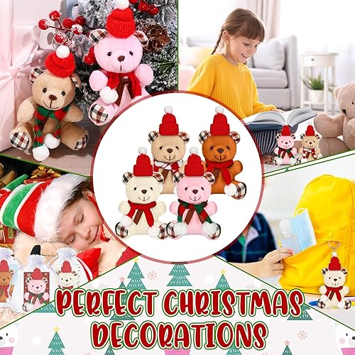 Miniatura 5 de Poen Juego de 24 mini osos de peluche de Navidad con sombrero de Papá Noel, bufanda, bolsa de organza de 4 pulgadas, pequeño oso de peluche de