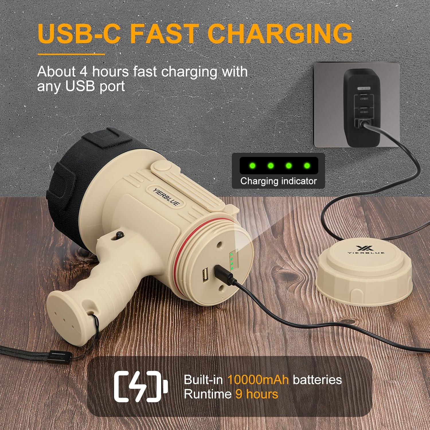 YIERBLUE Rechargeable Spotlight Floodlight Combo 120,000 High Lumen LED, IP67 Waterproof Spot Light COB Flood Light, Impact Resistant Handheld Spotlight with Foldable Stand and Detachable Red Lens - Image 5