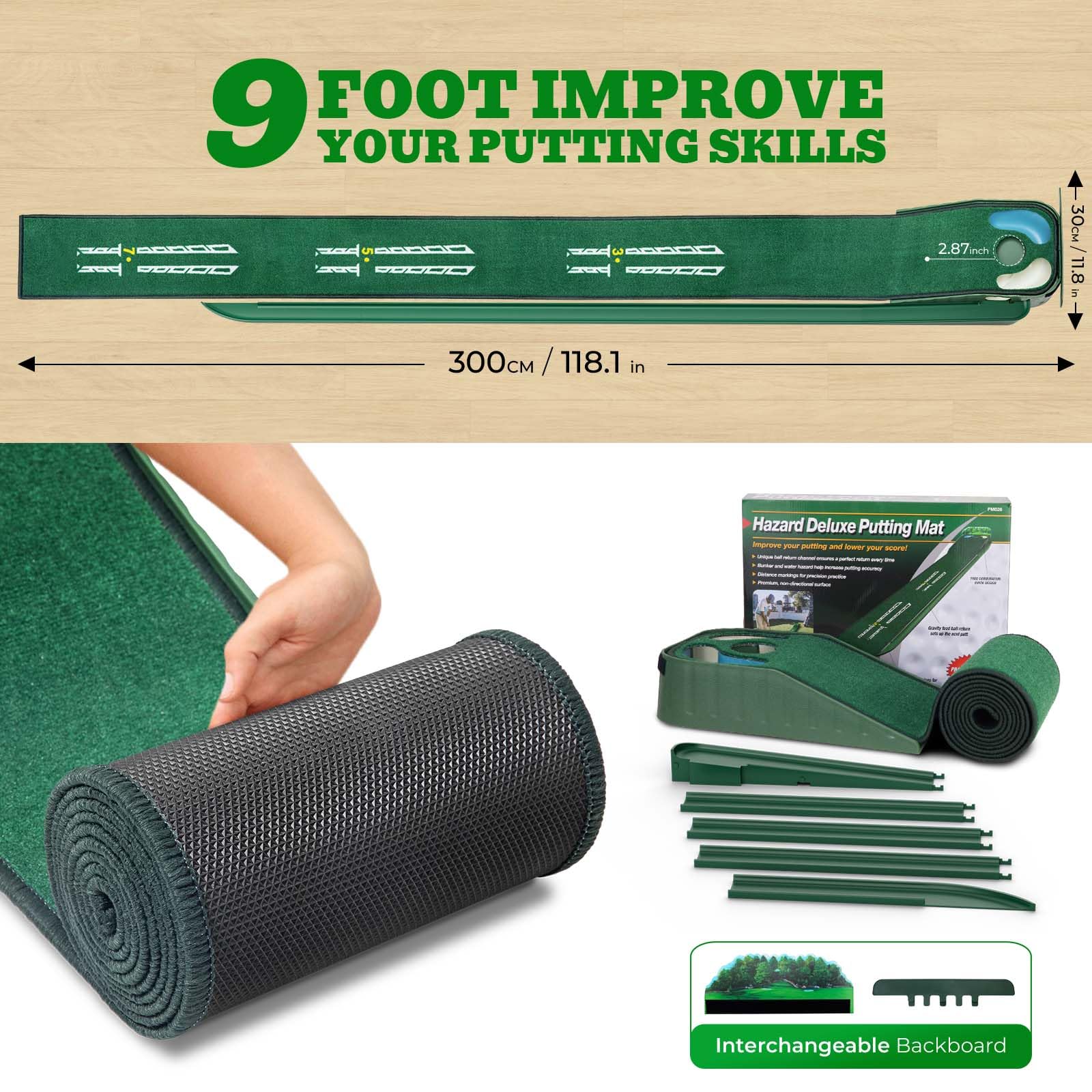 Putting Green Indoor - Alfombrilla de golf con velocidad verde realista, alfombrilla de putting de doble peligro, retorno de pelota, superficie de terciopelo, alfombrilla de práctica de 8 pies, ayuda