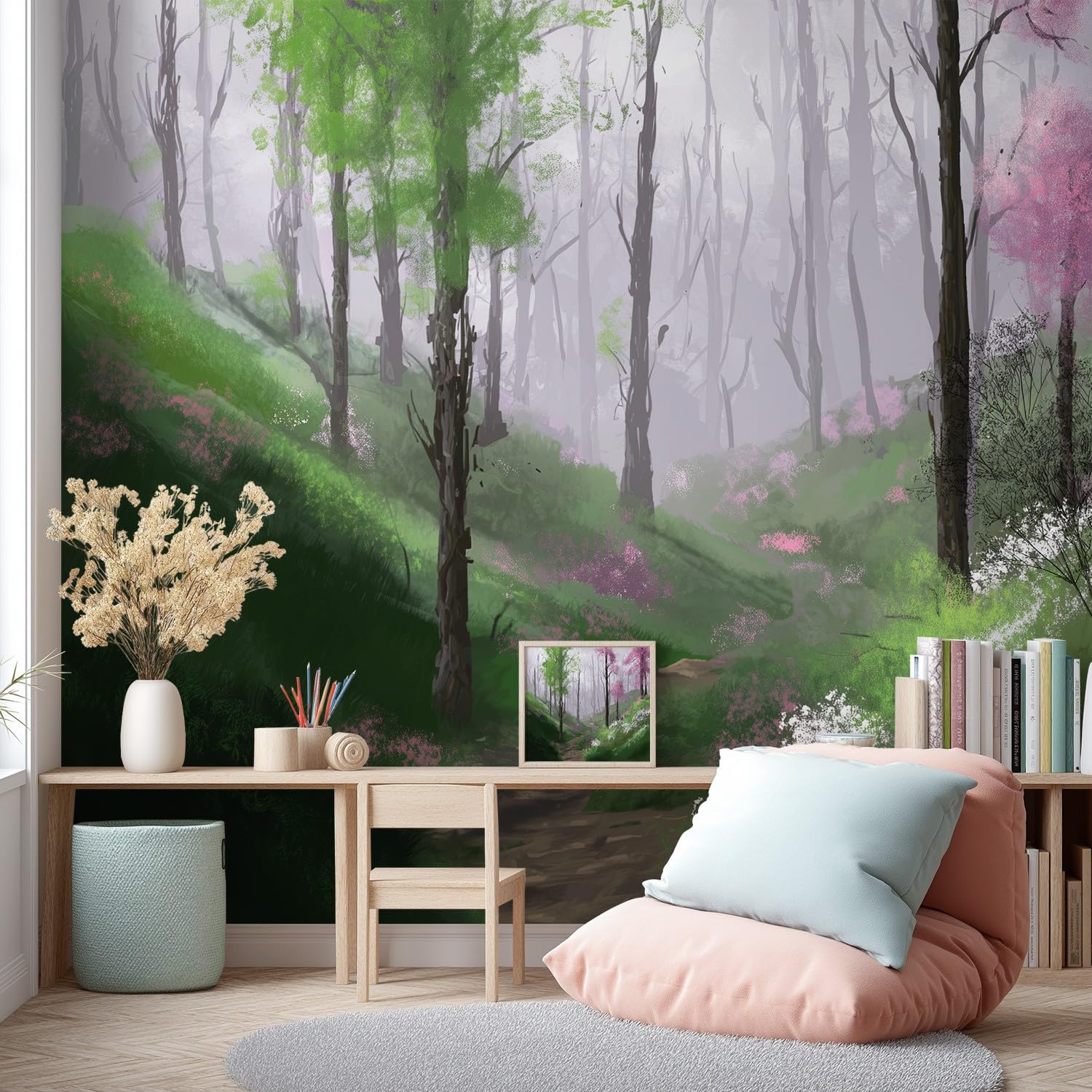 Tapeta 3D, świeża, nordycka, japońska, 400 x 280 cm, mural, drzewo, kwiatowa tapeta mural do sypialni, przedszkola, malowniczego ogrodu